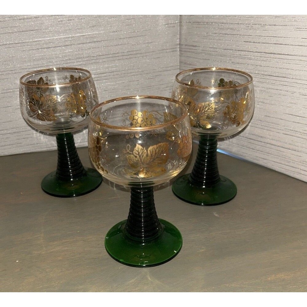 Vintage Luminarc Green Gold Leaf Grape Bockling Pattern 4 oz Goblet Set Of 3